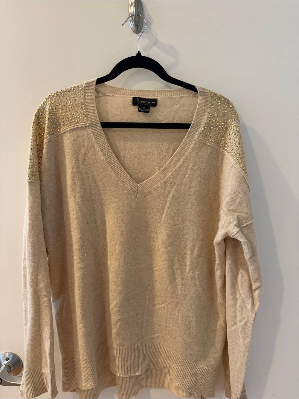 Bloomingdale's Beige V-Neck Sweater with Gold Shoulder Studs